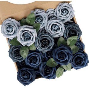 25 Count | Navy & Dusty Blue Roses Wedding Flowers Bouquet Centerpiece Decor